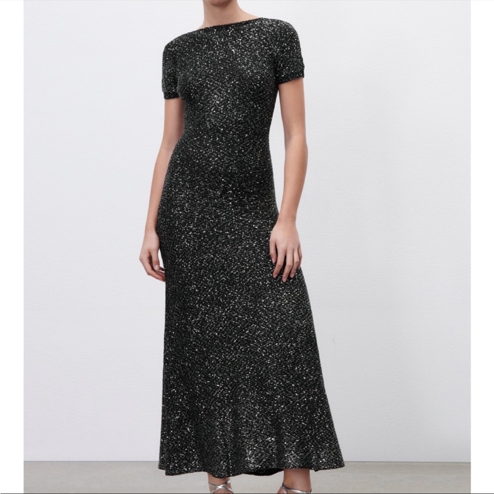 ZARA Scoop Back Floor Length Short Sleeve Black Sequin Gown